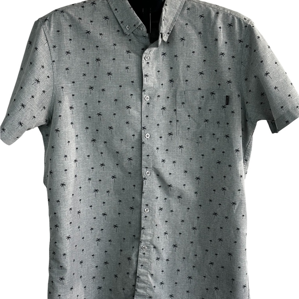 Molokai Surf Co Gray Palm Tree Button-Up Shirt | Coastal Surfwear | Men’s Large
